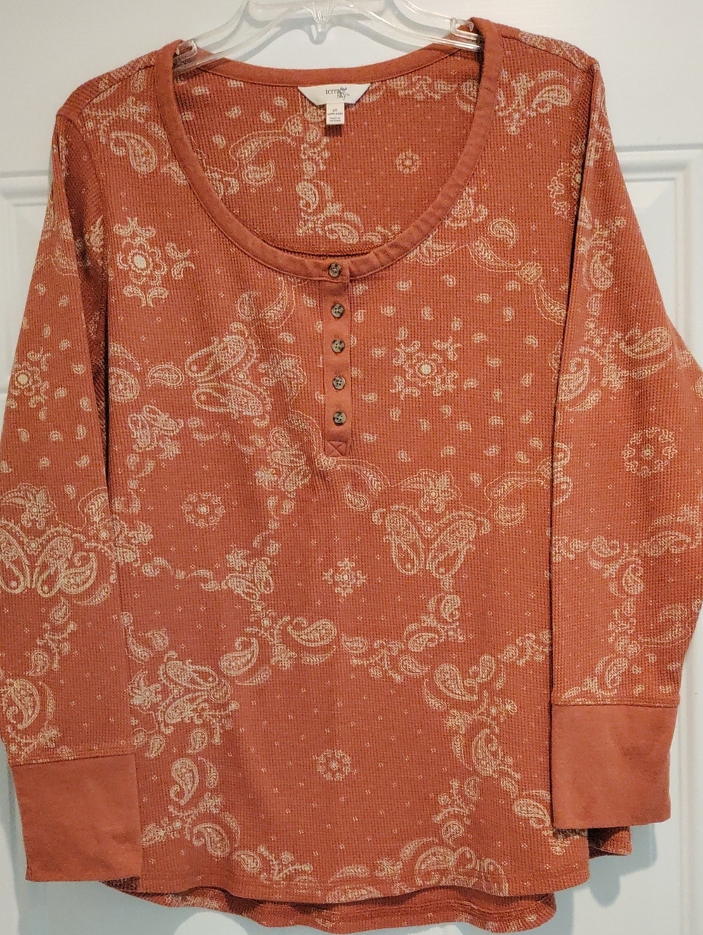 Terra & Sky Rust Paisley Henley Long Sleeve Shirt